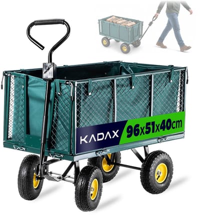 KADAX Net tuinwagen, 97 x 47 x 40 cm, tuinwagen van gepoedercoat metaal, transportwagen met draagkracht tot 500 kg, opvouwbare bolderkar, strand, dieren (groen)