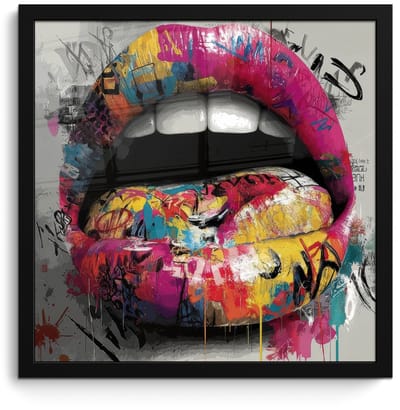 Poster in lijst - Fotolijst 40x40 cm - Posters - Lippen - Graffiti - Expressief - Posterlijst zwart - Decoratie - Wanddecoratie woonkamer - Muurdecoratie slaapkamer