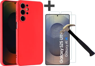 Hoesje geschikt voor Samsung Galaxy S25 Ultra hoesje zacht siliconen met 2 Stuks gehard glas Screenprotectors- Arara backcover - Rood