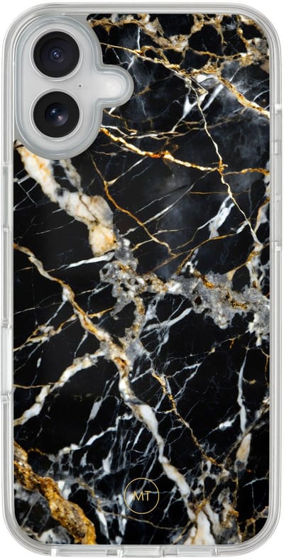 Hybride hoesje geschikt voor iPhone 16 - Black marble elegance - Extra bescherming - Luxe beschermhoes - TPU case - Transparant, Zwart, Goud - Mooie Telefoonhoesjes