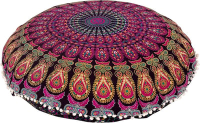 Mandala Vloerkussenhoes - Boho Sierkussen Ottoman - Decoratieve Zitplek - Handgeweven Katoen - 80cm Diameter - Geel Lavendel