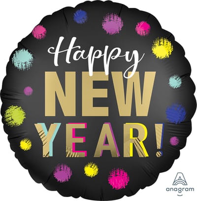 Folieballon 45cm "Happy New Year" met gekleurde vuurwerk stippen, per stuk