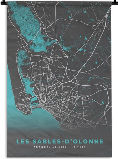 Wandkleed - Wanddoek - Frankrijk - Plattegrond - Stadskaart - Les Sables-d'Olonne - Kaart - 120x180 cm - Wandtapijt