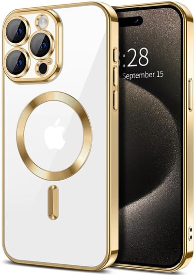 Hoesje geschikt voor Apple iPhone 15 Pro Max - Techsuit Luxury Crystal Back Cover - Geschikt voor MagSafe - Transparant/Goud