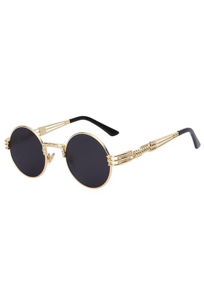 KIMU® Ronde Zonnebril Steampunk Heren - Goud Montuur Rond - Zwarte Glazen - Vintage Retro Hippie Gouden Hipster Brilletje Festival