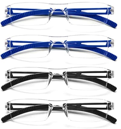 Set van 4 Randloze Leesbrillen voor Dames en Heren met Blauwlichtfilter (2 Zwart, 2 Blauw)