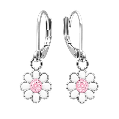 Oorbellen Meisje - Madelief Bloem – 21 mm – 316L Chirurgisch Staal – Zilverkleurig – Roze Glitter Steen – Kinder Oorhangers