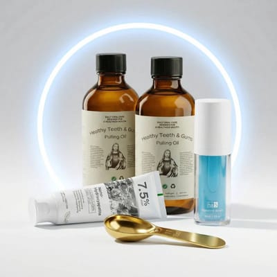 Holymouthwash - De Halo 8-Weken Herstelkit - 2pack Oil Pulling + Nano-Hydroxyapatiet Tandpasta + Hyaluronzuur Serum + Lepel - Mondspoeling - Stopt Bloedend Tandvlees & Slechte Adem - Fluoridevrij - Alcoholvrij