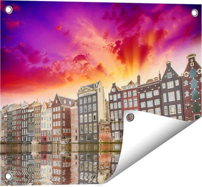 Gards Tuinposter Amsterdamse Huisjes bij het Kanaal - Kleur - 50x40 cm - Tuindoek - Tuindecoratie - Wanddecoratie buiten - Tuinschilderij