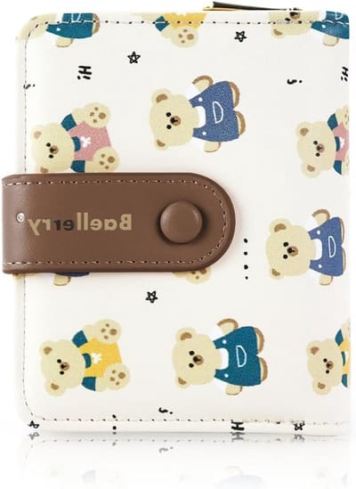 Bifold Dames Portemonnee met Kleine Beerprint, 5 Kaartslots en ID Raam, Bruin, Modern Ontwerp met Rits en Muntzak