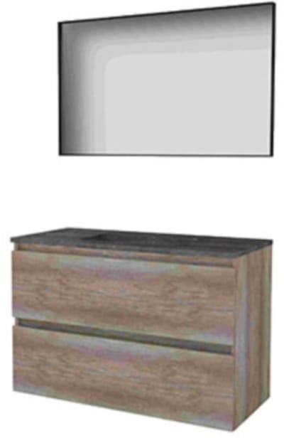 Basic-Line Framed 46 Badkamermeubelset - 100 x 46 cm - Greeploos - 2 Lades - Hardstenen Wastafel - Zonder Kraangat - Spiegel met Zwart Aluminium Frame - Scotch Oak