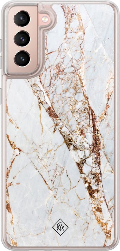 Casimoda® hoesje - Geschikt voor Samsung Galaxy S21 - Marmer Goud - 2-in-1 case - Schokbestendig - Marble design - Verhoogde randen - Goudkleurig, Transparant