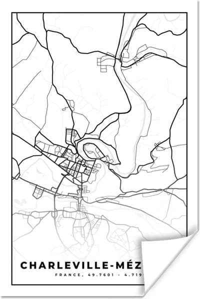 Poster Charleville-Mézières - Stadskaart – Plattegrond – Kaart – Frankrijk - Zwart wit - 120x180 cm XXL