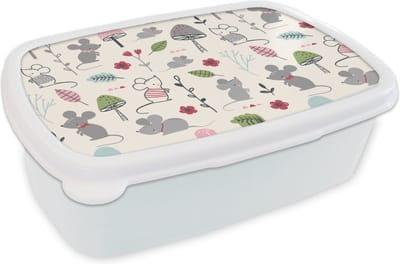 Broodtrommel Wit - Lunchbox - Brooddoos - Muizen - Patronen - Herfst - Paddenstoel - 18x12x6 cm - Volwassenen