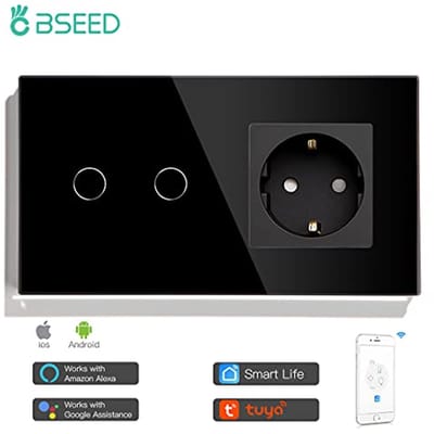 Slimme Touch-Schakelaar met Wifi en 2 Knoppen – Geaard Stopcontact Voor Spraakbesturing en Afstandsbediening