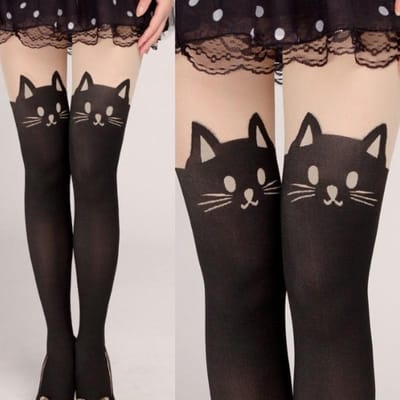 Nep Knie- en Dijbeenkousen, Kattenstaart Patchwork Ontwerp, Dames Cartoon Schattige Stijl Bodem Panty Unicode zwart