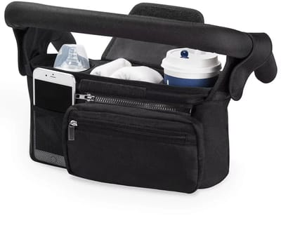 Kinderwagen Organiser – Grote Capaciteit Luiertas en Accessoirehouder met Telefoonvak, Flessenhouder, Hangende Tas voor Reizen, Baby en Kinderwagen-ZWART
