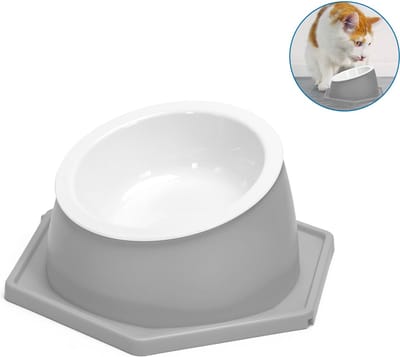Nobleza Kattenvoerbak Verhoogd - Ergonomische Schuine Voerbak - Anti Knoei & Anti Slip - Uitneembare Kom 14 cm - Grijs