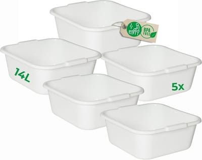 Novaliv 5x vierkante waskom 14L, 38x38 cm, wit, BPA-vrij & vaatwasserbestendig ? Ideaal voor keuken en camping, bad, grote plastic kom, vierkante waskom, wastobbe, afwasbak