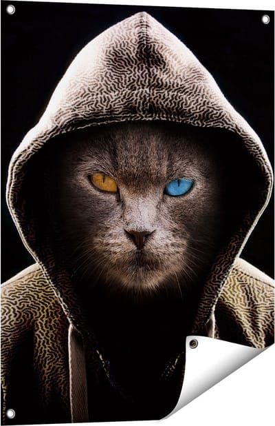 Gards Tuinposter Boze Kat Draagt een Hoodie - 60x80 cm - Tuindoek - Tuindecoratie - Wanddecoratie buiten - Tuinschilderij