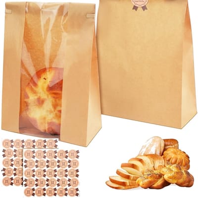 Dailygoods- Broodzakken 100 Stuks - Papieren Zakken met Venster - Kraft Broodzakken - Voedselveilige Verpakking - Met Stickers - Waterdicht