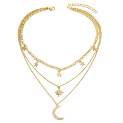 Dames Ketting – Gelaagd Design – Goudkleurig – Met Sterretjes, Maanhanger en Strassdetails