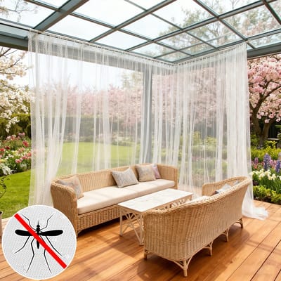 Qelus Buitengordijn Waterafstotend - Vitrage - Vliegengordijn met Tunnelzoom - Decoratief Anti-Muggennet met Polka Dots - Patio & Veranda - Wit - 1 Stuk - 155x213cm