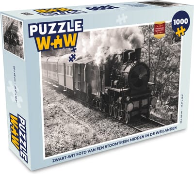 Puzzel Zwart-wit foto van een stoomtrein midden in de weilanden - Legpuzzel - Puzzel 1000 stukjes volwassenen