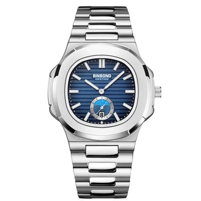 Binbond - Herenhorloge - Mannen - Zilveren Polsband - Blauw en Zilver - Horlogedoos -