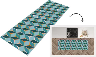 Keukenloper - Loper keuken - Goud - Blauw - Patroon - 150x50 cm - Keukenloper vinyl