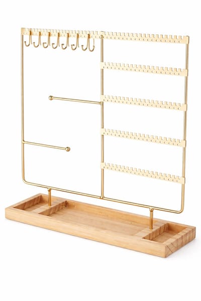 Sieradenhouder - 35 x 30 x 9,5 cm - Goudkleurig - Oorbellenrekje - Display - Hout en Metaal - Oorbellenhouder