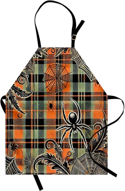 ABAKUHAUS Halloween-keukenschort, griezelige herfstspinnenwebben, unisex-keukenslabbetje met verstelbare hals voor koken en tuinieren, abrikoos, lichtgroen, grijs