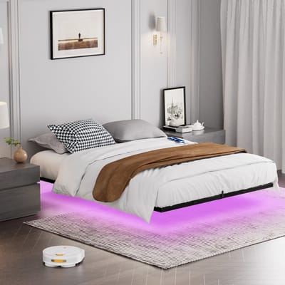 Metalen Bed 160x200 cm - Zwevend Design met LED-verlichting - Metalen Lattenbodem - Metaal - Zwart