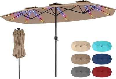 COSTWAY Dubbele parasol 375 x 200 cm, dubbele parasol met led-verlichting op zonne-energie, 12 verlichtingsstanden, 2 oplaadmogelijkheden, tuinparasol met slinger, terrasparasol, marktparasol (bruin)