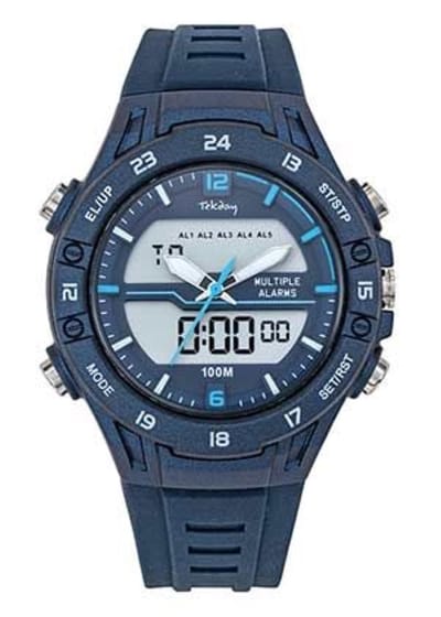 Tekday-Horloge-Digitaal/Analoog-42MM-Multi Alarm-10ATM Waterdicht-Stopwatch-Timer-Zwarte Silicone band-Zilverkleurig/Zwart