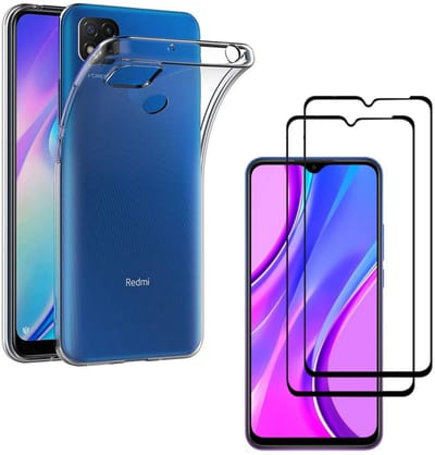 Hoesje Ultraslank geschikt voor Xiaomi Redmi 9c nfc backcover siliconen Transparant en 2 stuks ScreenProtector Gehard Glas met zwarte randen
