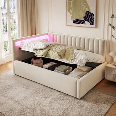 OKWISH Gestoffeerd bed 90x200 cm – Eenpersoonsbed met RGB-LED en hydraulische opbergruimte, verstelbaar hoofdeinde – Fluweel – Beige – Zonder matras