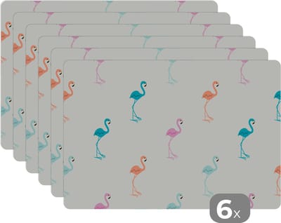 Placemat - Placemats kunststof - Patronen - Jungle - Flamingo - Pastel - 45x30 cm - 6 stuks - Hittebestendig - Anti-Slip - Onderlegger - Afneembaar