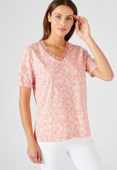Damart - Gebloemd T-shirt in katoenmix met gerecycleerde vezels* - Dames - Oranje - M