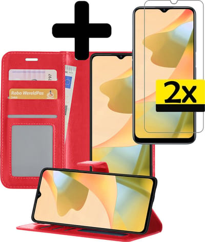 Hoesje - Met 2x Screenprotector - Geschikt voor OPPO A16s - Luxe Pasjeshouder - Bookcase Portemonee - Flip Case - Kunstleer Book Case - Flipcase Hoes - Book Cover - Walletcase - Portemonneehoes - Telefoonhoesjes - Rood