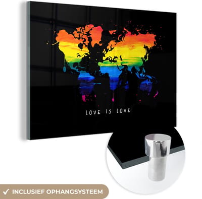 ® Glasschilderij 180x120 cm - Schilderij acrylglas - Wereldkaart - Pride - Liefde - Foto op glas - Muurdecoratie woonkamer - Wanddecoratie slaapkamer - Schilderijen