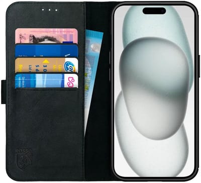 Rosso Deluxe Echt Leer Book Case Hoesje Geschikt voor Apple iPhone 15 Plus | Ruimte voor drie pasjes | Portemonnee Book Case | Met Pasjeshouder | Zwart