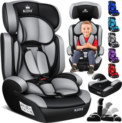 KIDIZ® Autostoeltje | Groep 1+2+3 | 9-36 kg 5-punts veiligheidsgordel, Autostoeltje, Kinderzitje, Verstelbare Hoofdsteun | Stoelverhoger 1-12 jaar, Stabiel en Veilig - Grijs