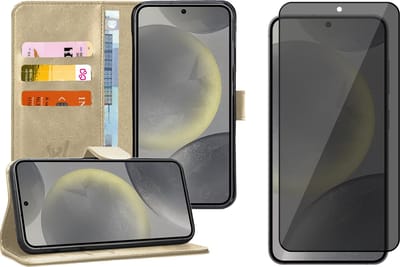 Hoesje geschikt voor Samsung Galaxy S24 - Privacy Screenprotector Volledig Dekkend Glas - Portemonnee Book Case Goud