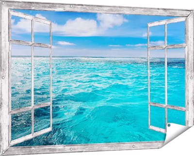 Gards Tuinposter Doorkijk Blauwe Caribische Zee Water - 150x100 cm - Tuindoek - Tuindecoratie - Wanddecoratie buiten - Tuinschilderij
