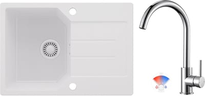 Anycee MAX Spoelbak Keuken 65x45CM - Granieten Spoelbakken Met Keukenmengkraan - Onderbouw Spoelbak Wit - Met waterafvoersysteem - Voor 40 cm kast