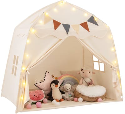 COSTWAY Speelhuisje voor kinderen, kindertent met vlaggen en lichtkettingen, prinsessenspeeltent, grote tent voor kinderkamer voor jongens en meisjes vanaf 3 jaar, 157 x 98 x 148 cm (beige)