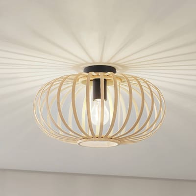 Lindby - plafondlamp hout - 1licht - Bamboe, ijzer - H: 20 cm - E27 - natuurlijk bamboe, zwart