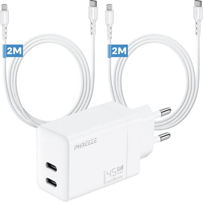 Phreeze 45w oplader geschikt voor iPhone en iPad met Lightning aansluiting - Usb C adapter met 2 meegeleverde kabels en usb C poorten - 2m - Oplaadstekker - Snellader