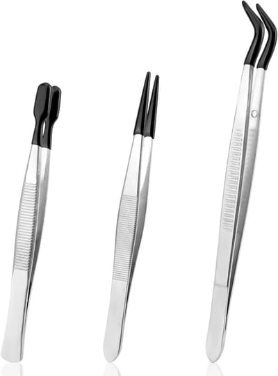 Precisie Pincet Set - Rubber Punt - Gedetailleerd Werk - Antistatische Rubberen Tips - 3 Stuks - Zilver Zwart
